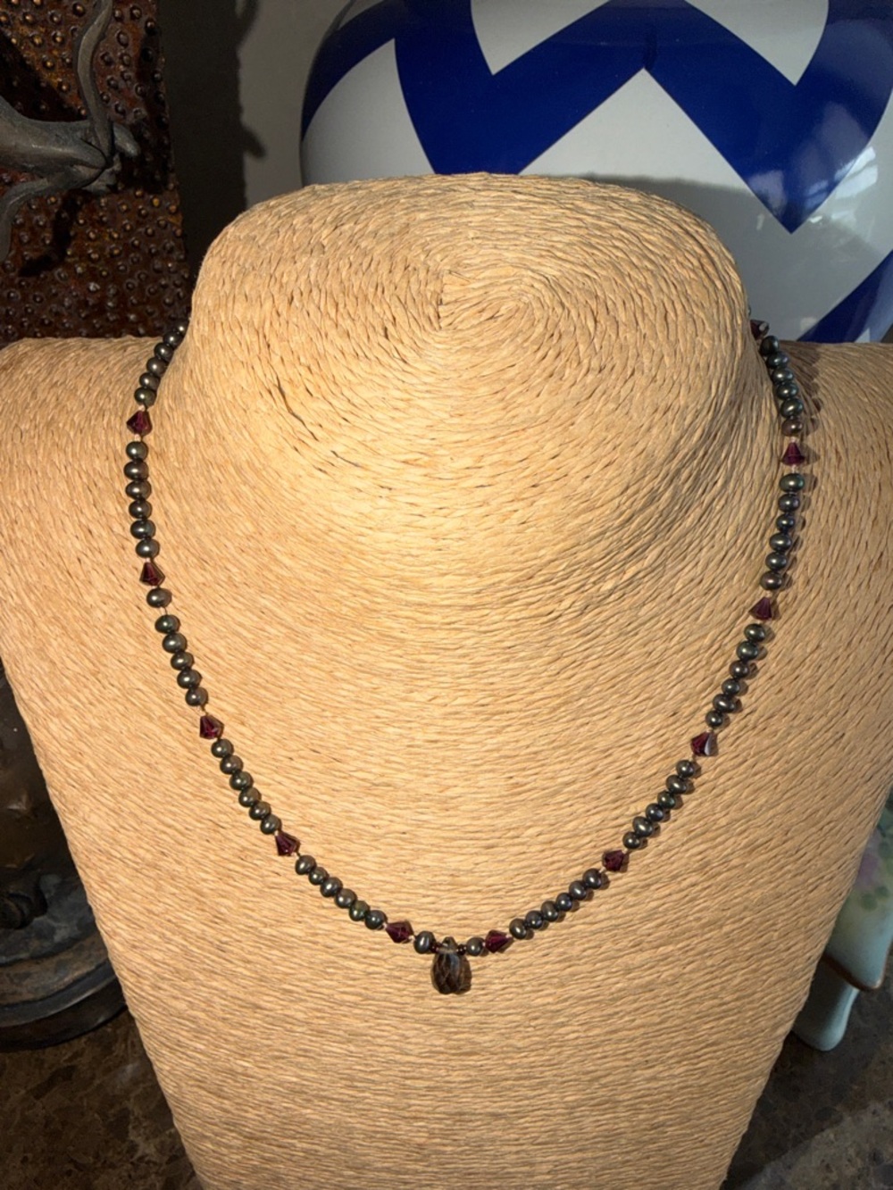 Elegant Pearl and Garnet Necklace - sterling silver toggle clasp